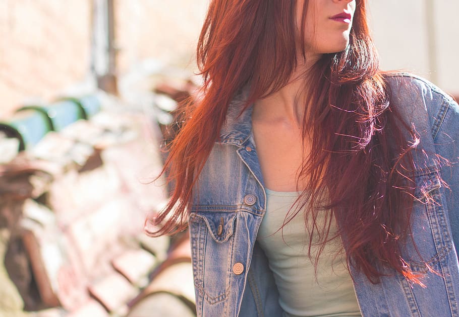 people, woman, lady, girl, redhead, denim, long hair, hairstyle, young adult, hair