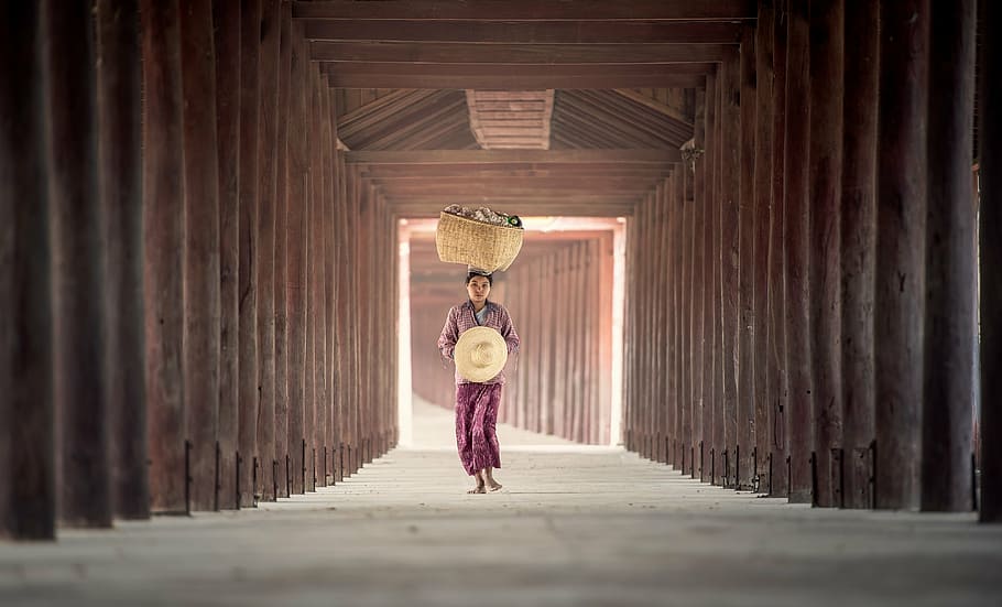 mujer, llevando, cesta de mimbre, caminando, al aire libre, semillas de arroz, próspero, otoño, gira, tanaka