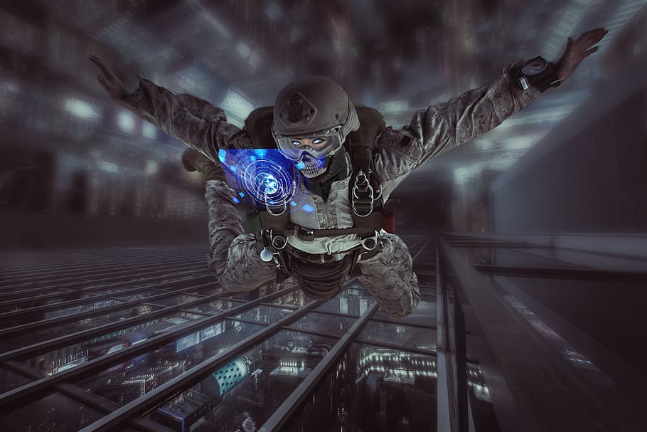 man, wearing, harness, falling, building, special forces, military, cyber, soldier, combat