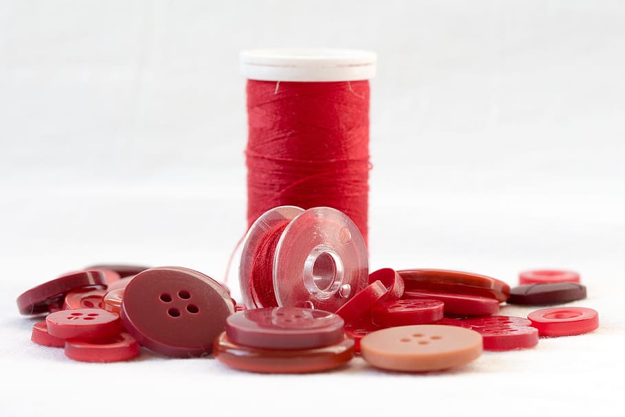 赤, スレッドスプール, 囲まれた, スレッド, オーブ, ボタン, 縫製, 素材, 繊維, スピンドル