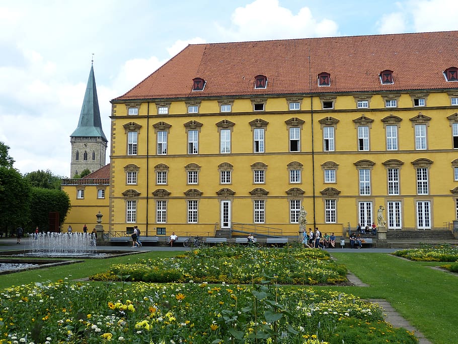 osnabrück, centro histórico, castelo, palácio, universidade, construção, igreja, campanário, fachada, historicamente
