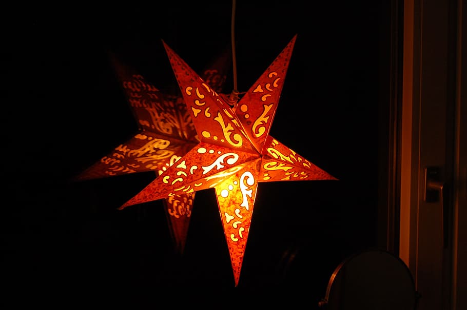 Poinsettia, Lighting, Mirroring, star, dark, reflection, night, christmas, celebration, christmas decoration