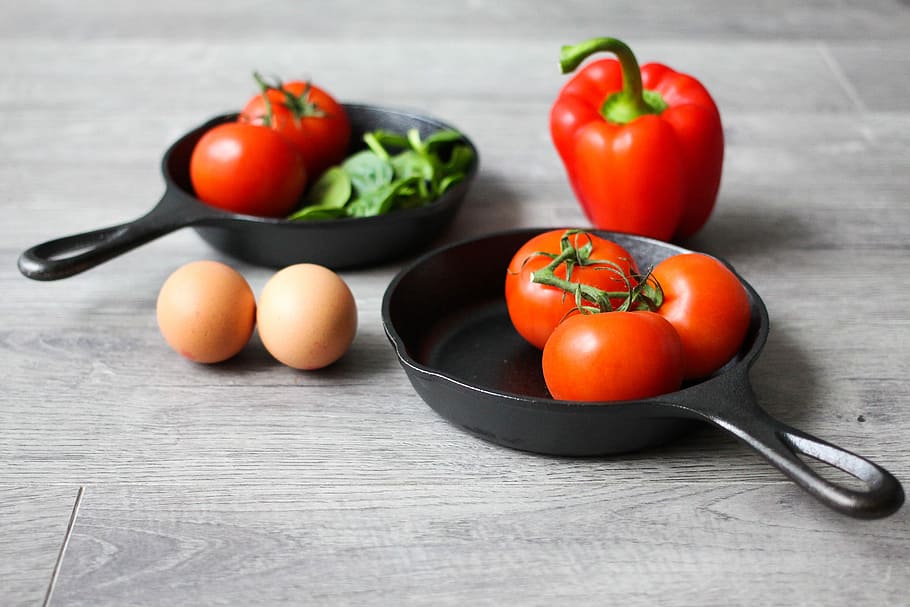 Ingredients, Ready, Healthy, Breakfast, eggs, kitchenware, paleo, recipe, tomatoes, tomato