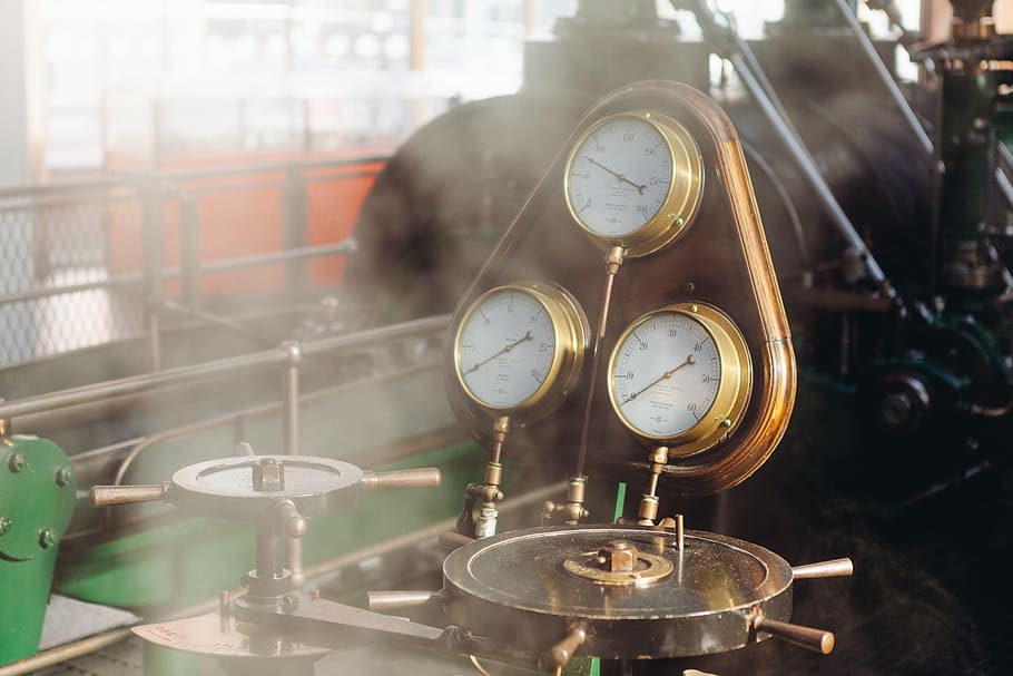 engine, guages, pressure, steam, levers, indoors, metal, focus on foreground, instrument of measurement, equipment