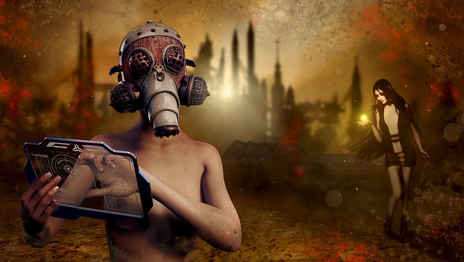 man, wearing, gas mask video game, digital, wallpaper, fantasy, end time, destruction, broken, surreal