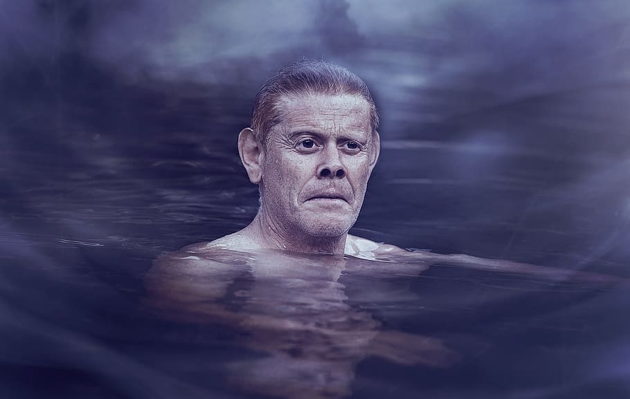 person, human, male, water, swim, wet, fog, gloomy, cold, caricature