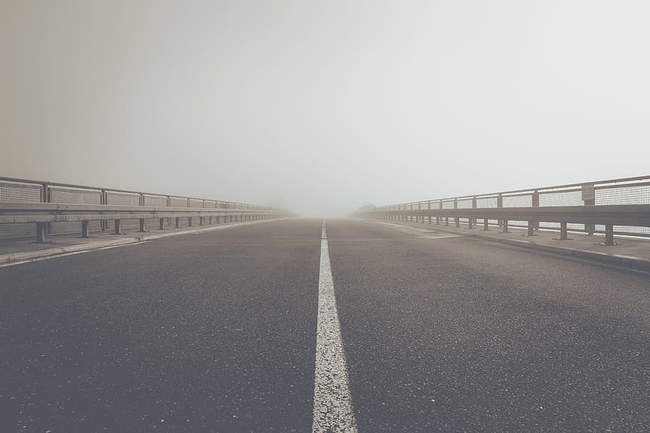middle, empty, road, fog, street, asphalt, bridge, sky, outdoor, travel