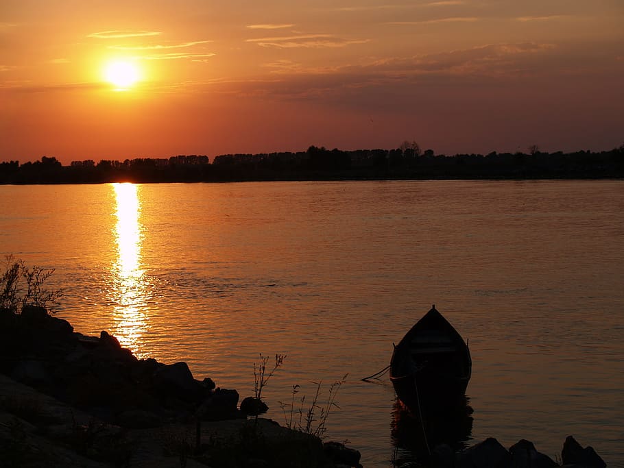 Rumania, delta del Danubio, delta, perdón, río, el Danubio, Danubio, barco, puesta de sol, cielo