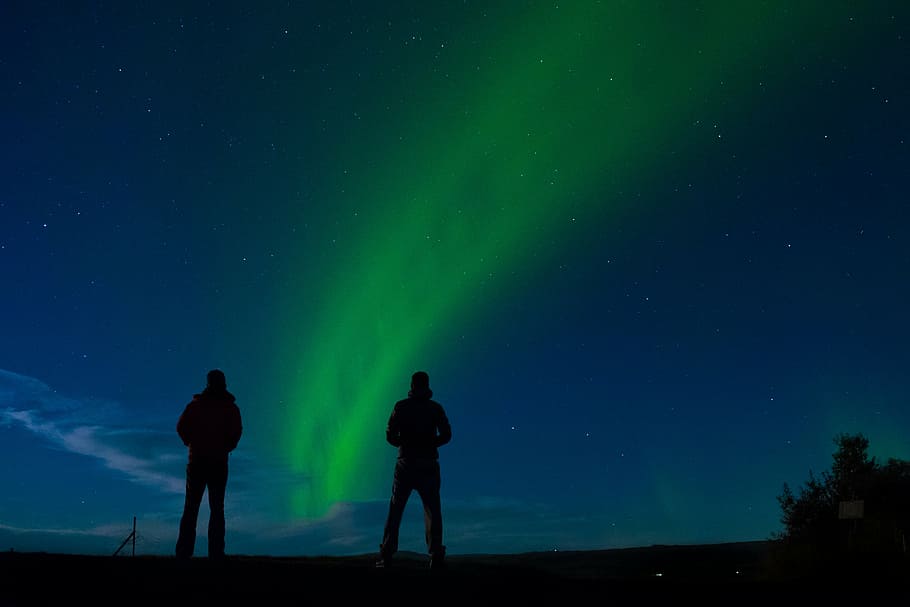 two, people, standing, watching, northern, lights, nighttime, silhouette, aurora, men