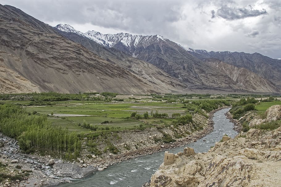 tajikistan, provinsi gunung-badakhshan, pamir, pegunungan tinggi, lembah pandsch, sungai pansch, sungai, air, pemandangan, alam