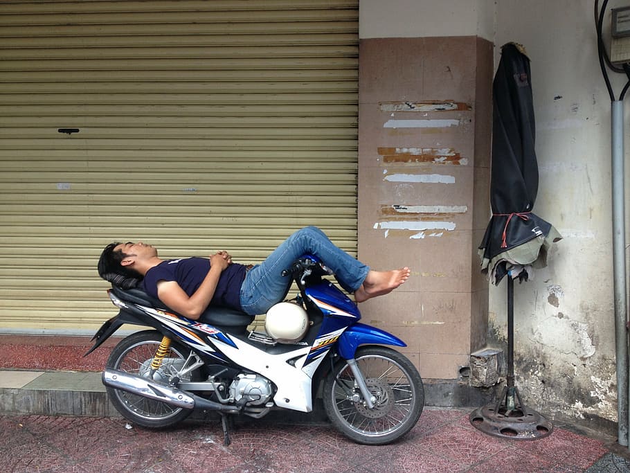 vietnam, saigon, ho chi minh city, asia, city, sleeping, motorbike, man, men, motorcycle