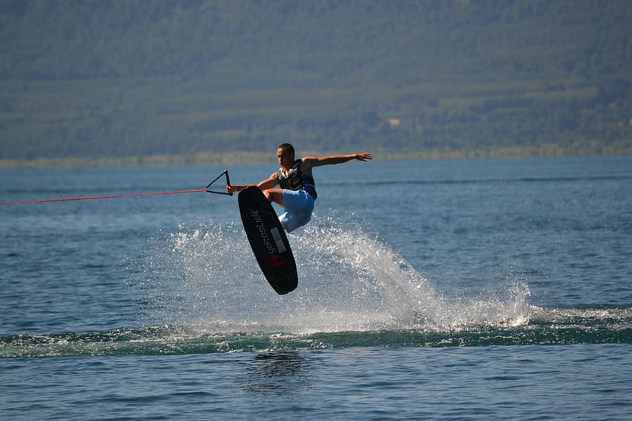 wakeboard, jump, water, lake, chile, south, villarica, one person, sea, waterfront