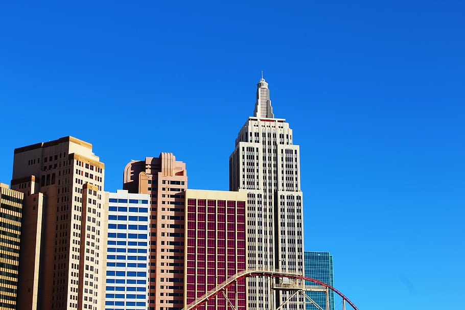 white, high, rise building, buildings, new york, casino, hotel, las vegas, vegas, blue sky