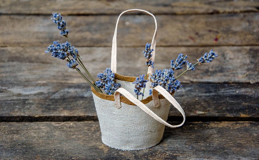 blue, lavender, flowers, white-and-brown, tote, bag, basket, composition, violet, wood - material