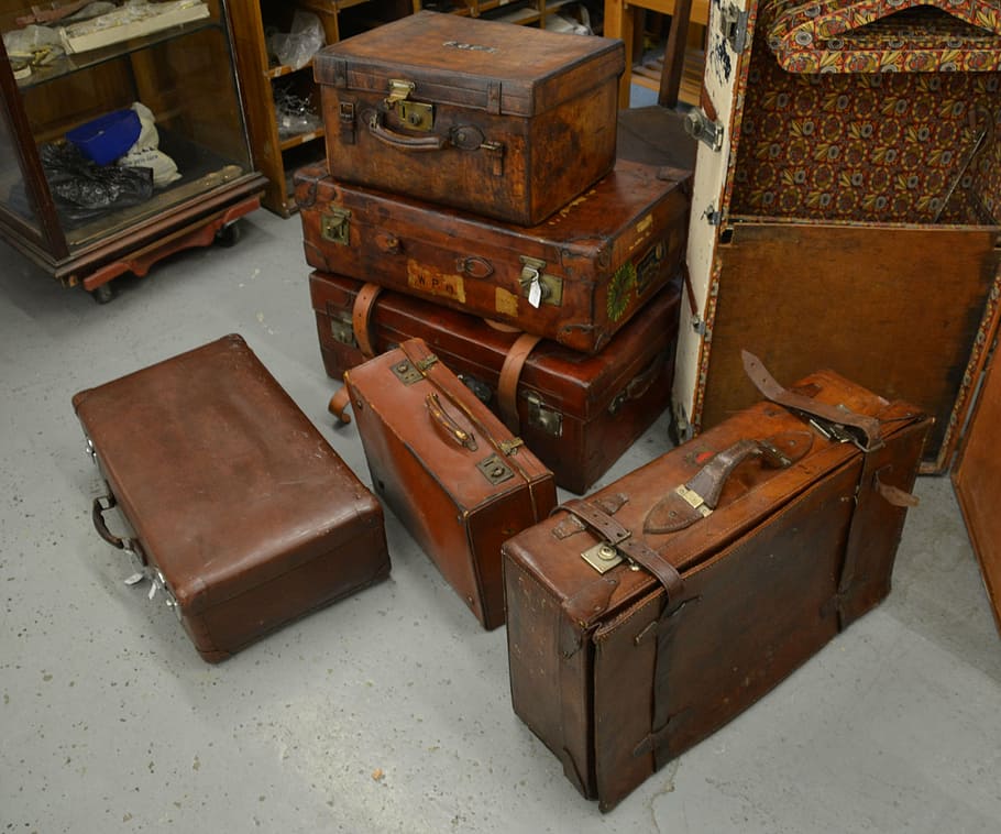 brown, leather suitcase lot, luggage, suitcase, baggage, travel, journey, trip, bag, vacation