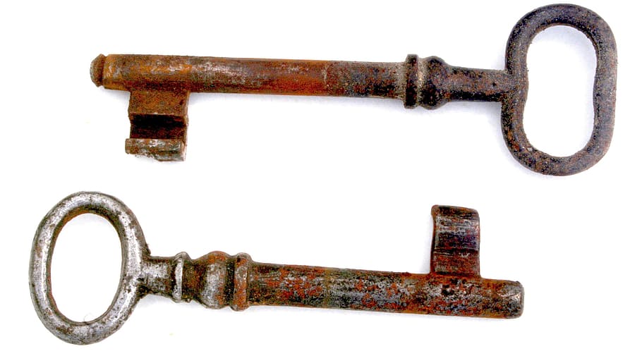 old, unnecessary, key, cut out, metal, white background, single object, studio shot, antique, rusty