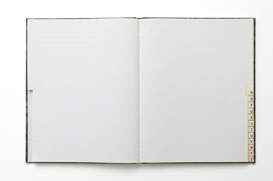 abierto, blanco, azul, rayado, libro, cuaderno abierto, cuaderno, extensión, en blanco, papel