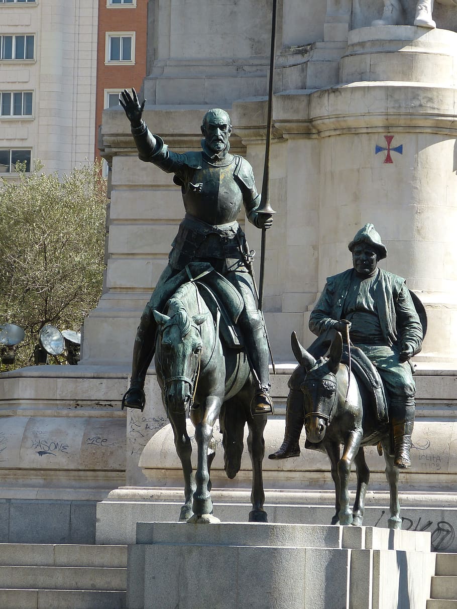 two, knights, riding, horses statues, Don Quixote, Knight, Madrid, Spain, madrid, spain, castile