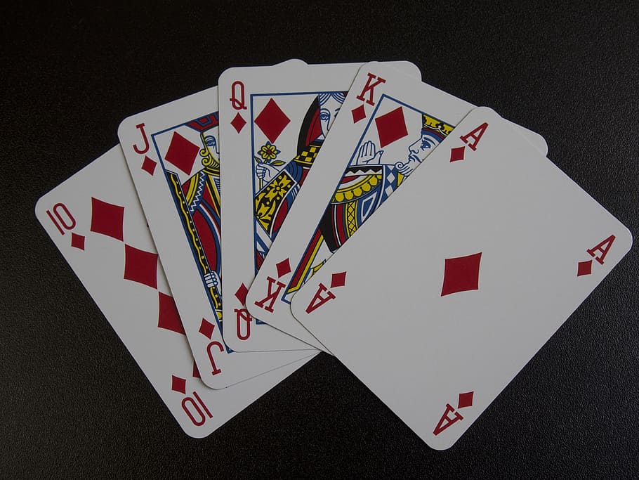 10,, jack, queen, king, ace, diamonds, black, surface, Playing Cards, Royal Flush
