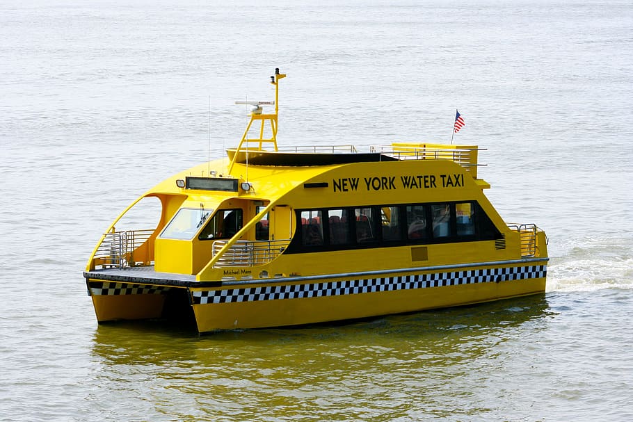 amarelo, novo, barco de táxi aquático de york, corpo, diurno, Táxi aquático, táxi, Nova York, EUA, nyc