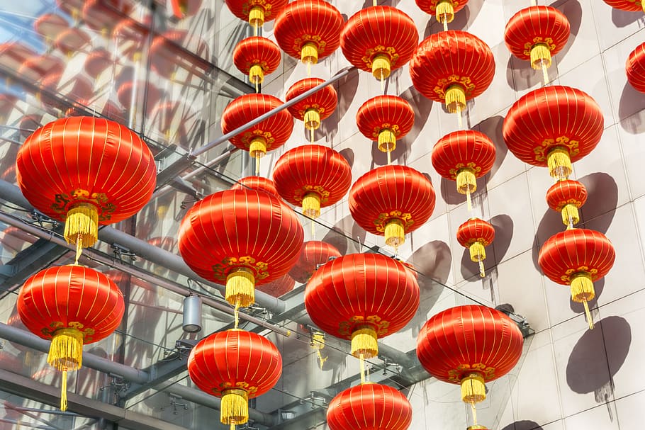 red, lanterns, hanged, glass wall, chinese, modernity, glass, chinese lantern, lantern, lighting equipment