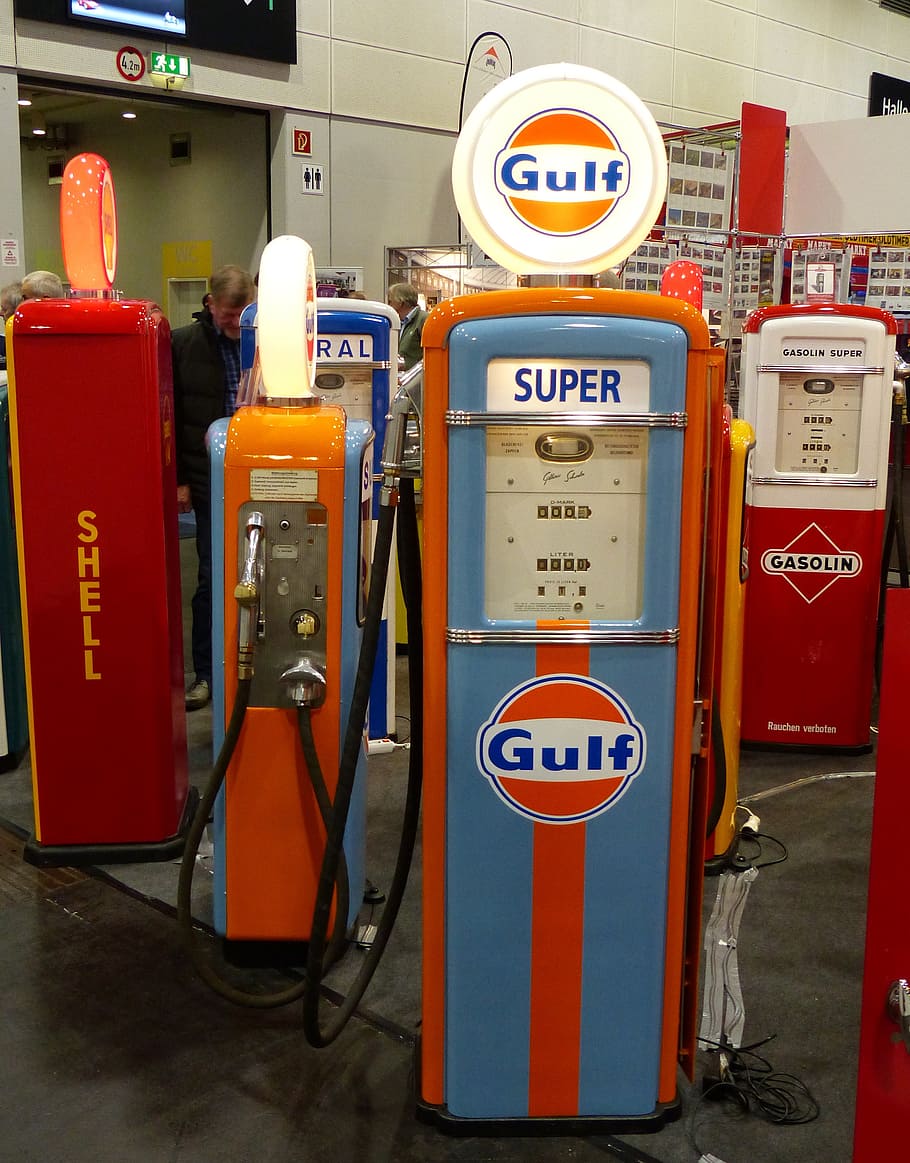 gas pump, petrol stations, oldtimer, fuel, petrol, refuel, gas, communication, text, fuel and power generation