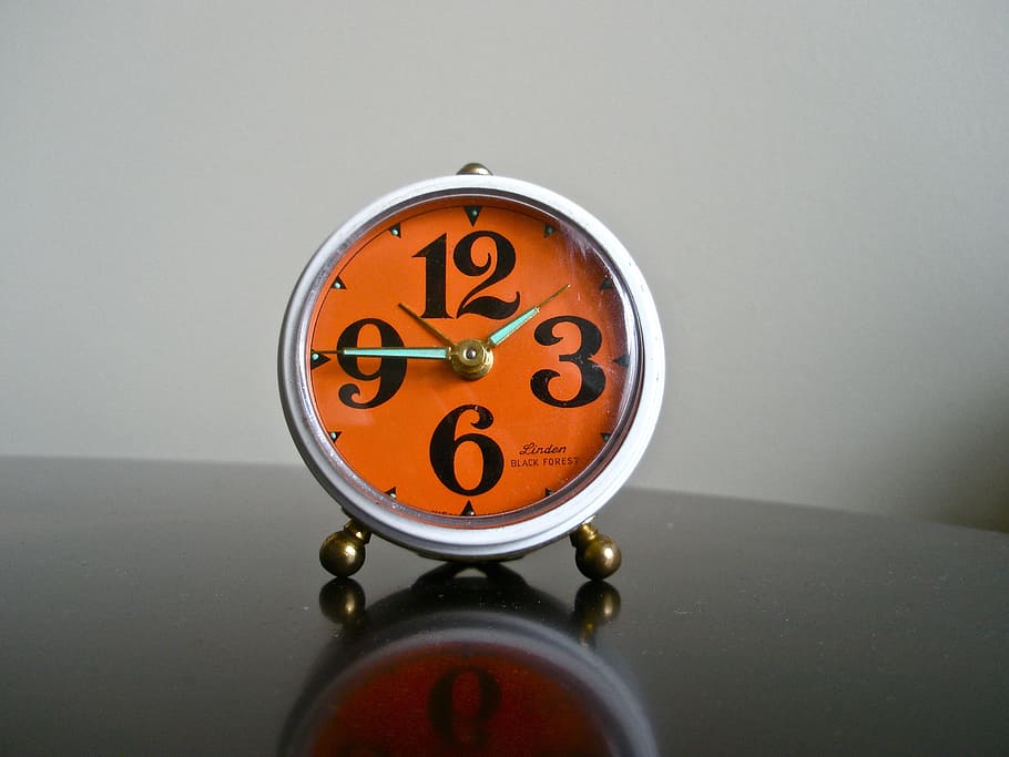round, white, analog clock, black, wooden, top, alarm clock, manual alarm clock, vintage, alarm