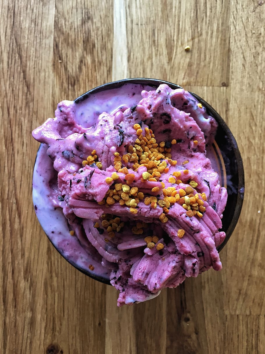 purple, ice cream, round, black, bowl, vegan, raw, blueberries, freshness, food and drink