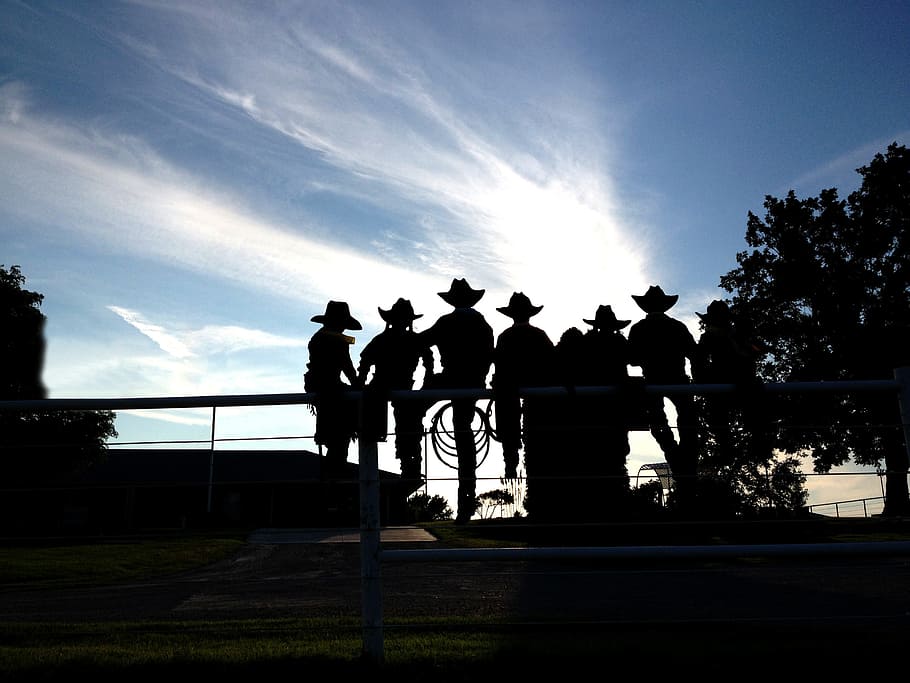 silhouette photo, men, sitting, bridge, cowboys, cowgirls, fence, hat, country, girl