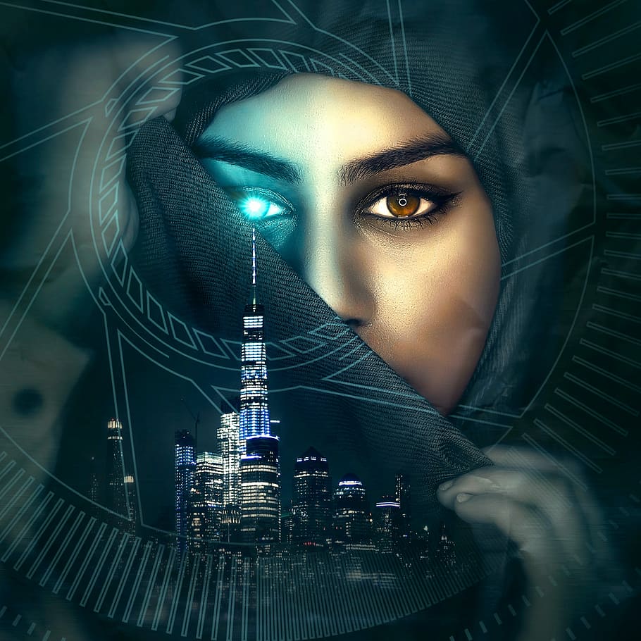 mulher, cobrindo, cabeça, hijab, digital, papel de parede, capa de cd, retrato, cidade, futurista
