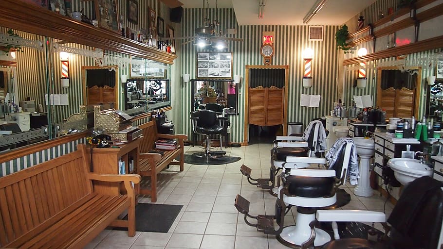 salon shop, barbershop, continued meyers, usa, seat, illuminated, chair, indoors, flooring, lighting equipment