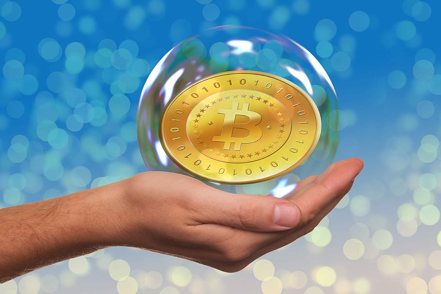person, left, holding, bubble, inside, Soap Bubble, Bitcoin, Hand, Keep, currency