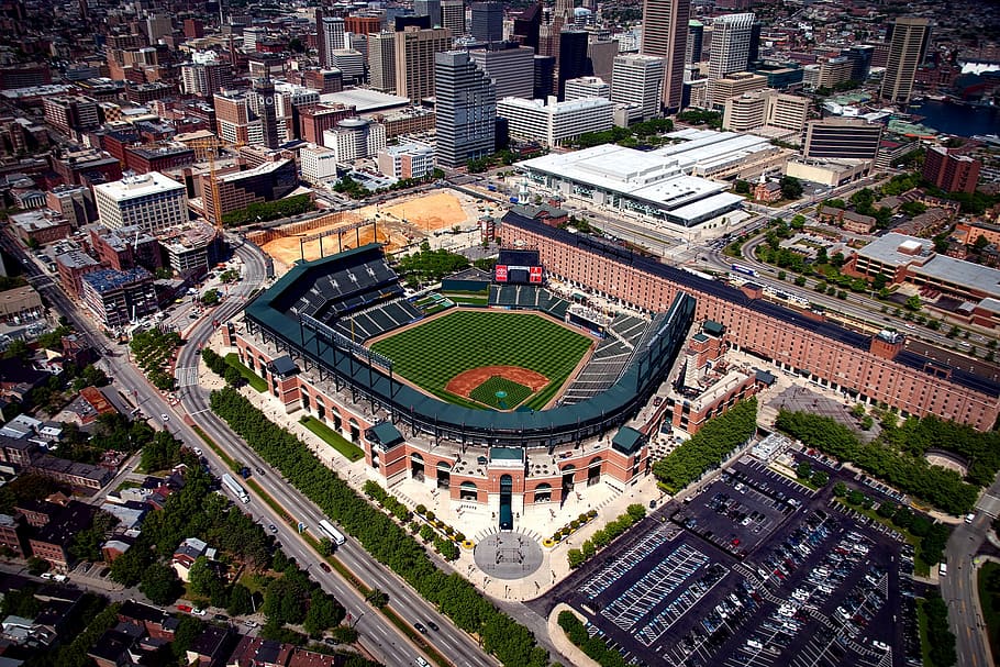 aerial, view, baseball stadium, camden yards, baltimore, maryland, hdr, baseball, orioles, sports