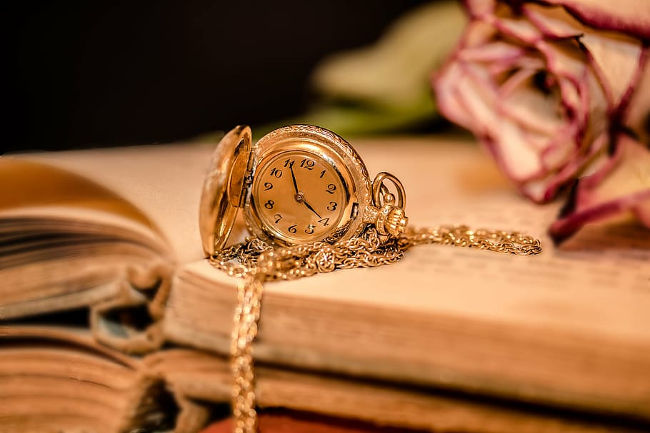 bolso analógico dourado, relógio, relógio de bolso feminino, hora, mostrador do relógio, ponteiro, dourado, indicação de tempo, hora da cadeia, livros antigos