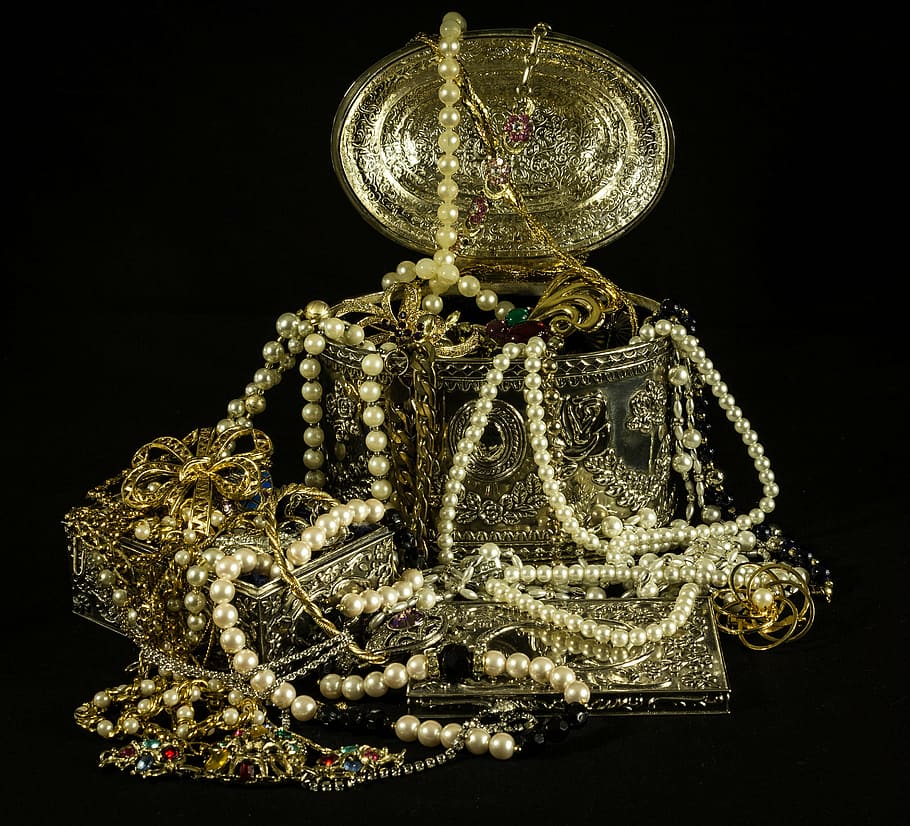 surtidos, con cuentas, joyas de perlas, tesoros, joyas, perlas, oro, plata, bisutería, gemas
