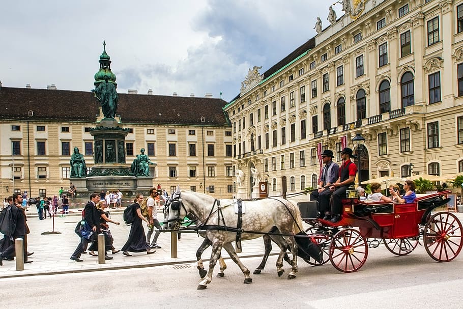 group, people, riding, horse carriage, daytime, vienna, hofburg imperial palace, fiaker, castle, architecture