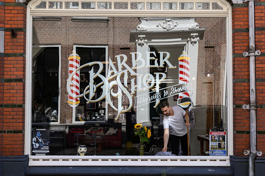 barbershop, amsterdam, window, street, urban, exterior, holland, real people, built structure, one person