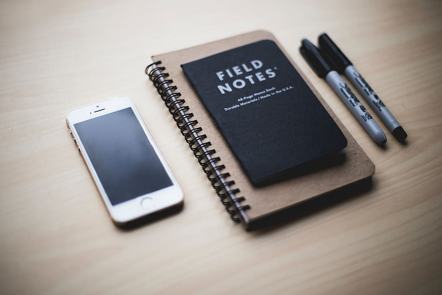 mesa, celular, caderno, escritório, trabalho, negócios, caneta, maçã, interno, gadget