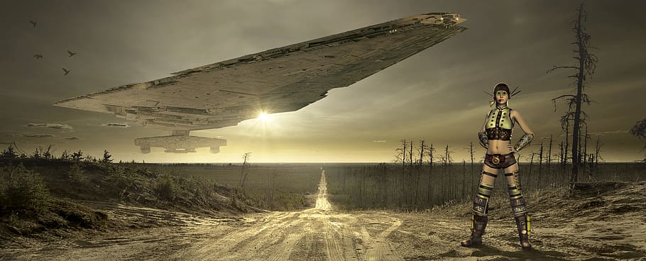 digital game wallpaper, fantasy, landscape, spaceship, ufo, flying object, woman, forest, road, sun