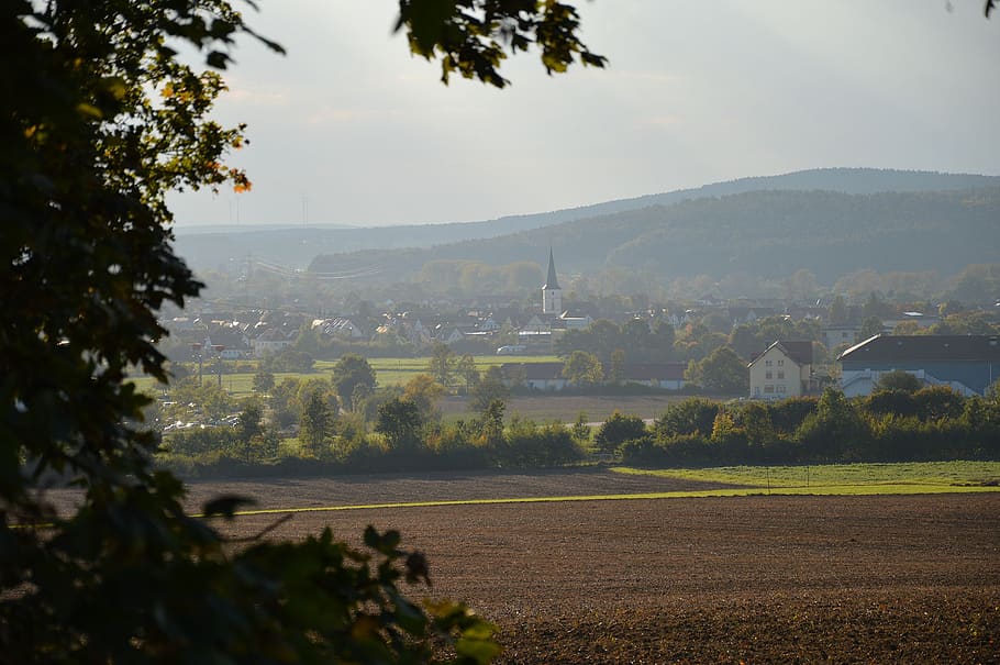 landscape, village, autumn, southern germany, swiss francs, hirschaid, plant, tree, nature, sky