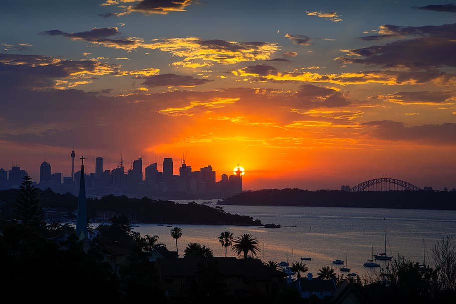 sydney, austrália, cidade, linha do horizonte, noite, casa de ópera, pôr do sol, arranha céu, panorama, baía de watsons