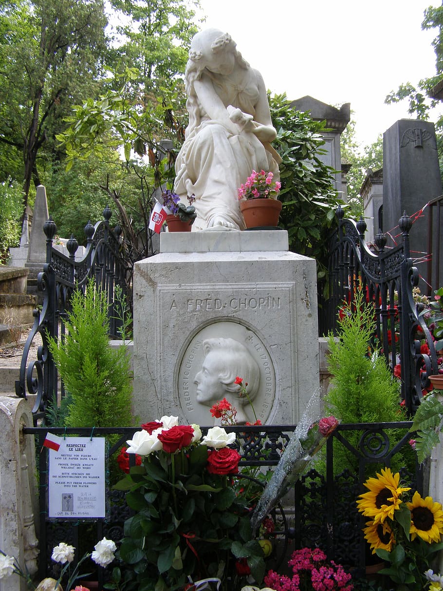 cai, frédéric chopin, cemitério, father lachaise, paris, frança, morte-nascimento 1810-1849, estátua de mulher triste, chorando, monumento muito visitado