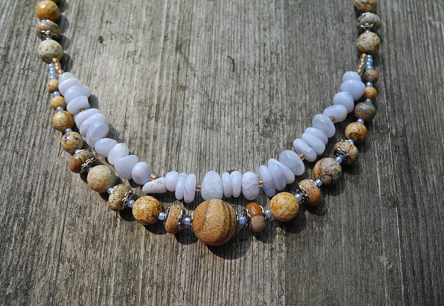 beaded, white, black, brown, 2-layer, 2- layer necklace, surface, necklace, jewelry, mineral
