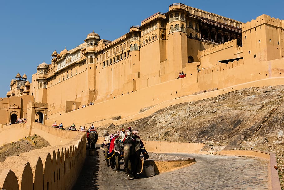 india, jaipur, fuerte amber, elefante, fortaleza, antigüedades, arquitectura, viajes, antigüedad, cielo