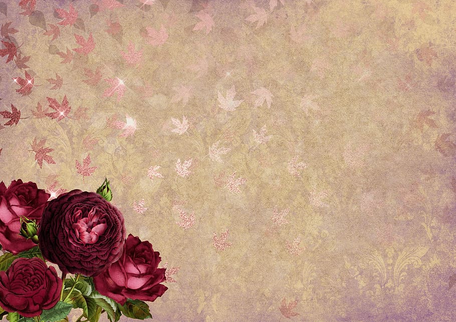 quatro, vermelho, flores de pétalas, bege, superfície, rosas, folhas, ouro, imagem de fundo, flores