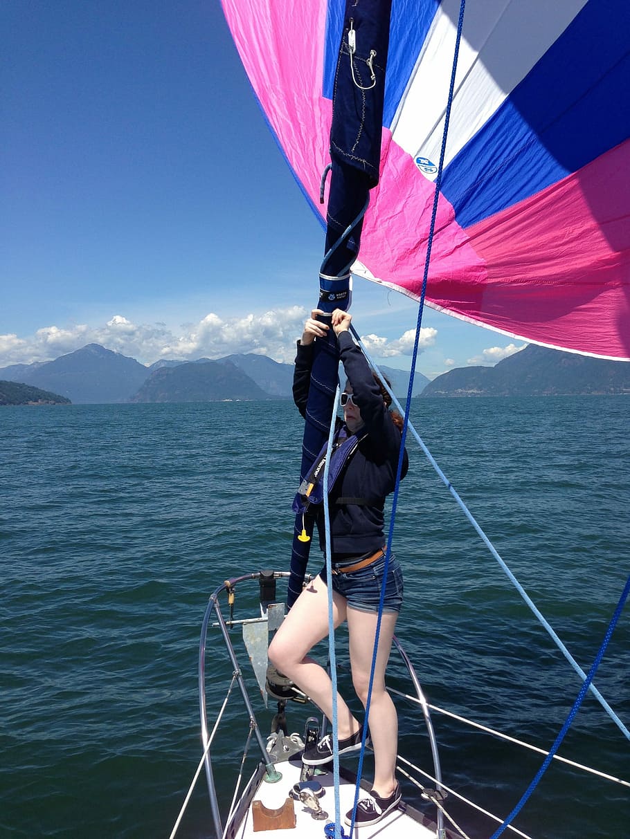 Sailing, Ocean, Sailboat, Spinnaker, gennaker, howe sound, pacific, sea, nautical vessel, adults only