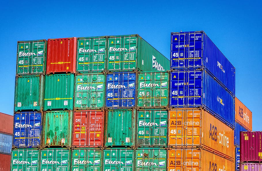 pile, assorted-color, intermodal, containers, container, port, loading, stacked, container terminal, container handling