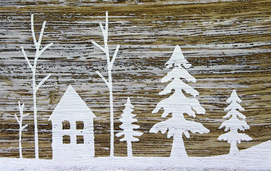 winter, snow, painting, white, wood, hand painted, decoration, theme ...