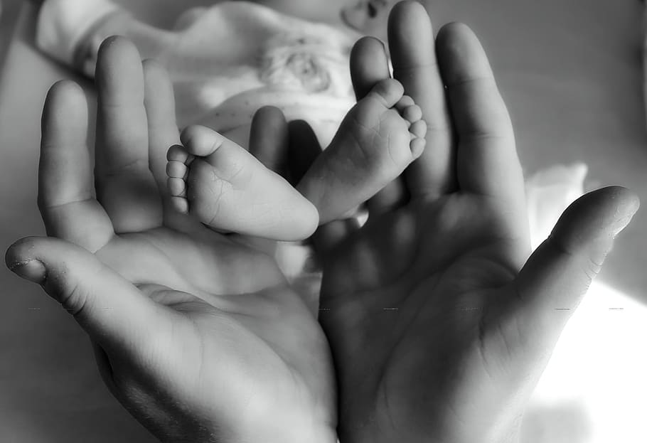 persona, tenencia, pies del bebé, bebé, padres, padre, niño, mano, contento, nacido
