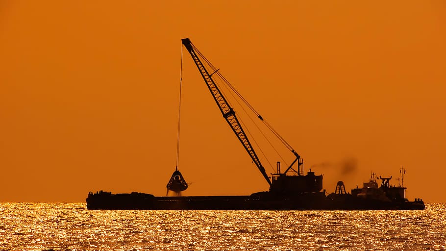 dredger, floating platform, sunset, shadows, dredging, barge, platform, construction, crane, vessel